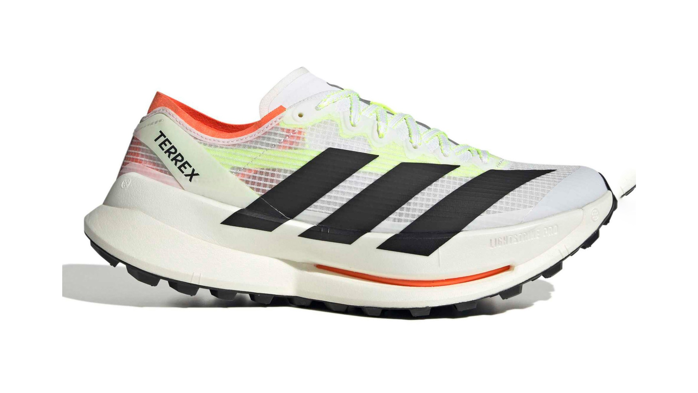 White Adidas Terrex Agravic Speed Ultra 2 trail running shoe featuring black three-stripe branding, neon yellow accents, and a thick cushioned white midsole.